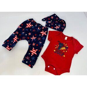 Babys First 4th Of July Outfit Bodysuit Pants & Hood - Stars Design Size 52